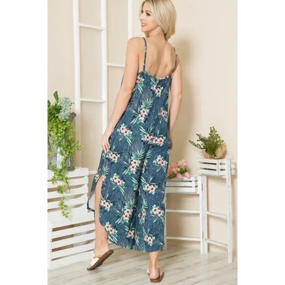 💣Orange Farm Floral Pattern Side Slits Sleeveless Pockets Jumpsuit | Size XL - Picture 3 of 5